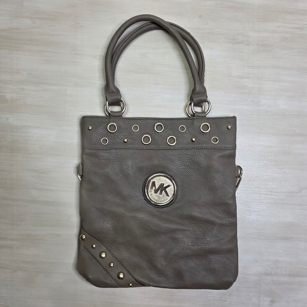Michael Kors Womens Taupe Studded Tote Bag Gold Hardware MK Logo